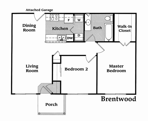 A floor plan of a Brentwood home with a living room, two bedrooms, a kitchen, a bath, and a walk-in closet.